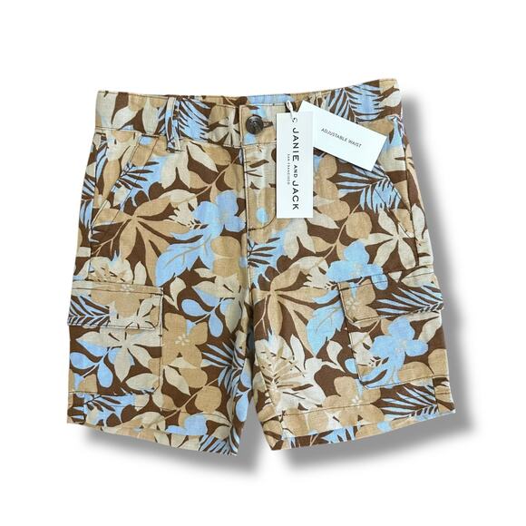 Janie and Jack Boys Shorts 3T Linen Cotton Floral Hawaiian Print Brown Blue NWT - Picture 1 of 11